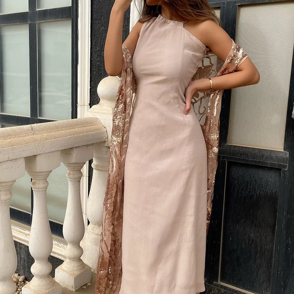 

Customized Exquisite Sequined One Shoulder Jersey Evening Dresses Fashion O-Neck Sleeveless Straight Ankle Length Bridal Party