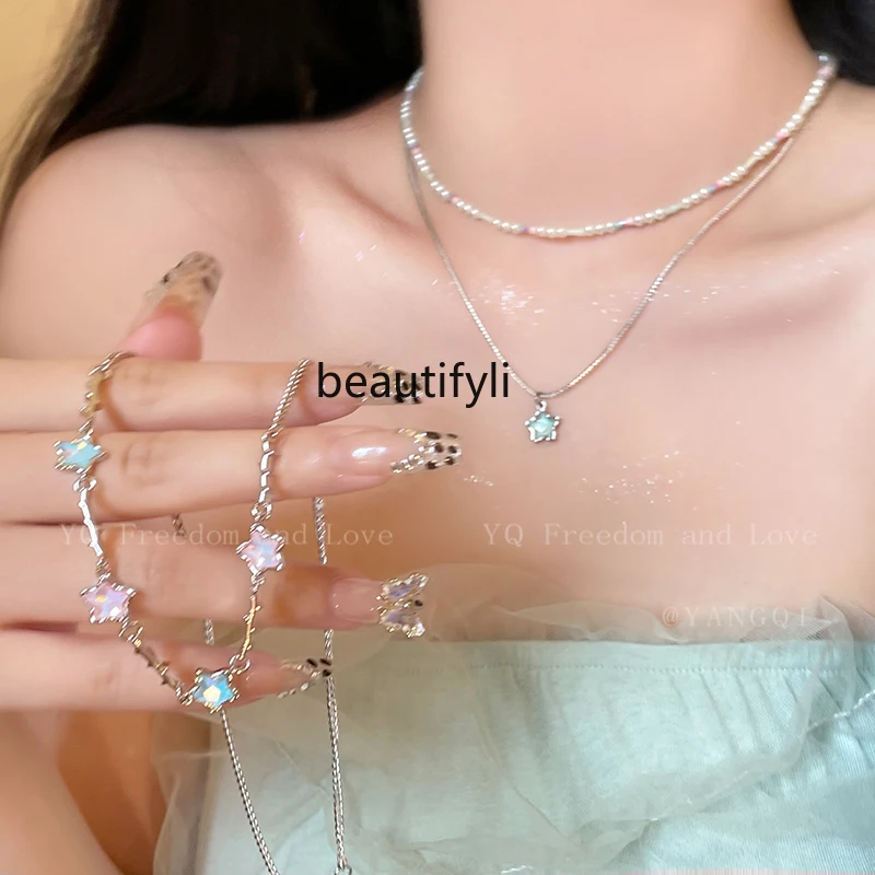 

Colorful XINGX Pearl Double Layer Twin Necklace Female Summer Dopamine Personality Thorn Five-Pointed Star Clavicle Necklace