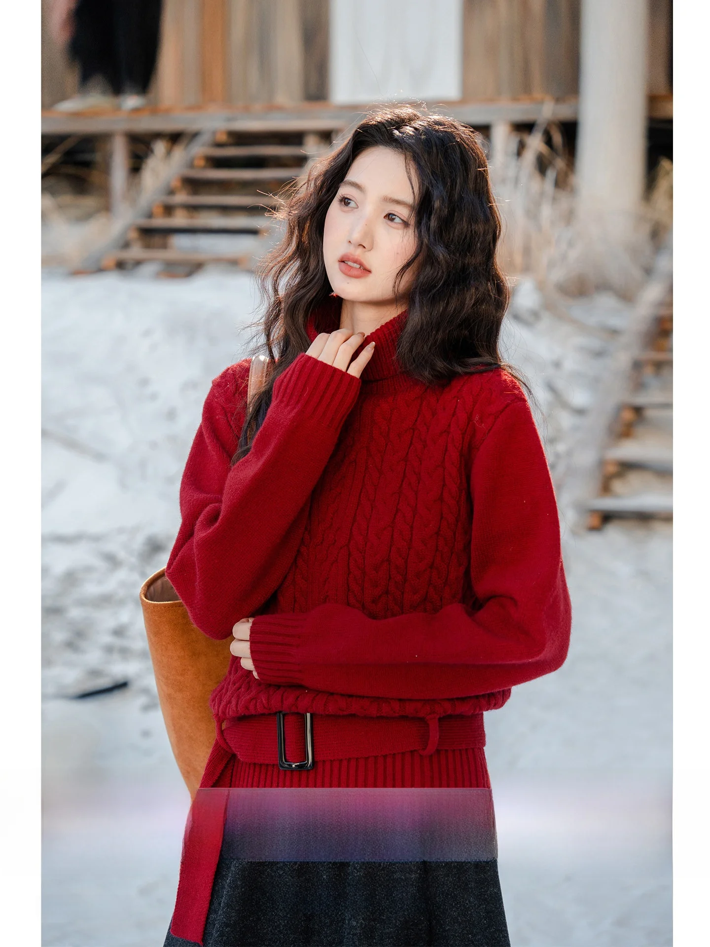 

Ele Red High Collar Knitted Sweater Women's Inner Wear Belted Winter Faion Commute Sle Soft Acrylic Blend Thiened