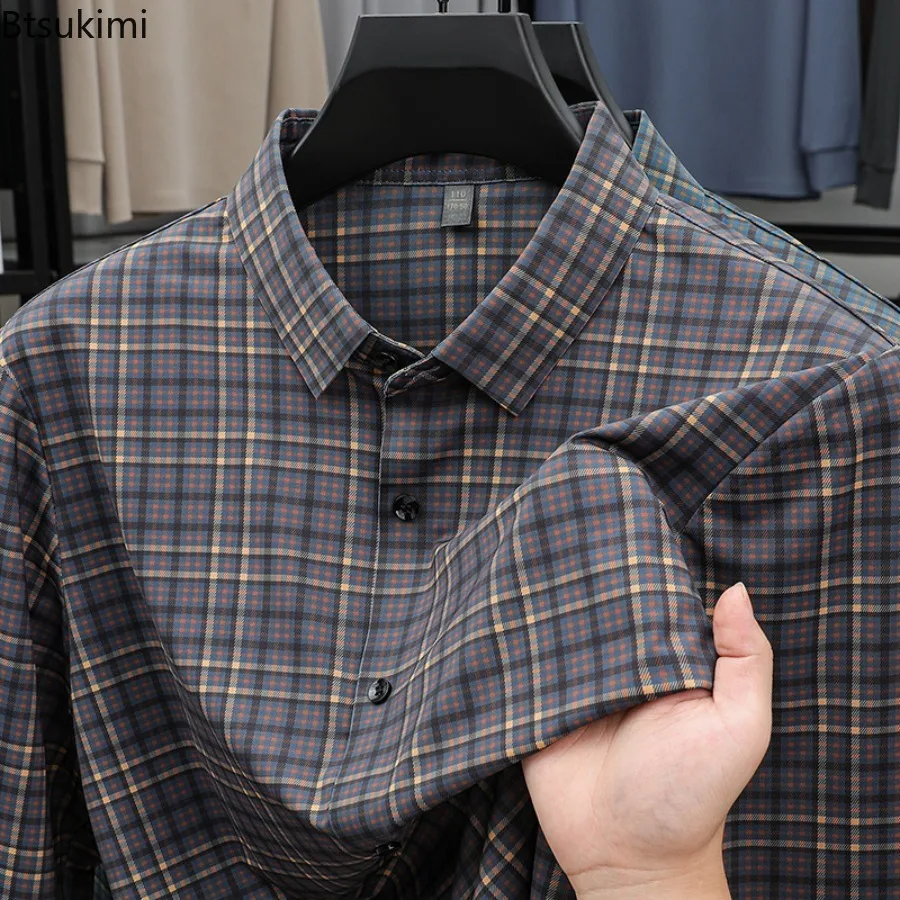 Men's Plaid Long Sleeve Shirt Autumn and Winter New Styles Elastic Non Ironing Business Casual High-end Shirt for Men M-4XL Size