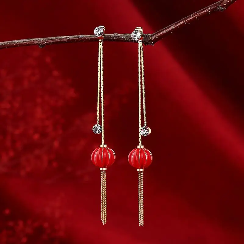 Mini Rode Lantaarn Dangle Oorbellen Voor Vrouwen Delicate Zirkoon Kwastje Oorbel Nieuwjaar Bruiloften Verlovingsfeest Oor Sieraden