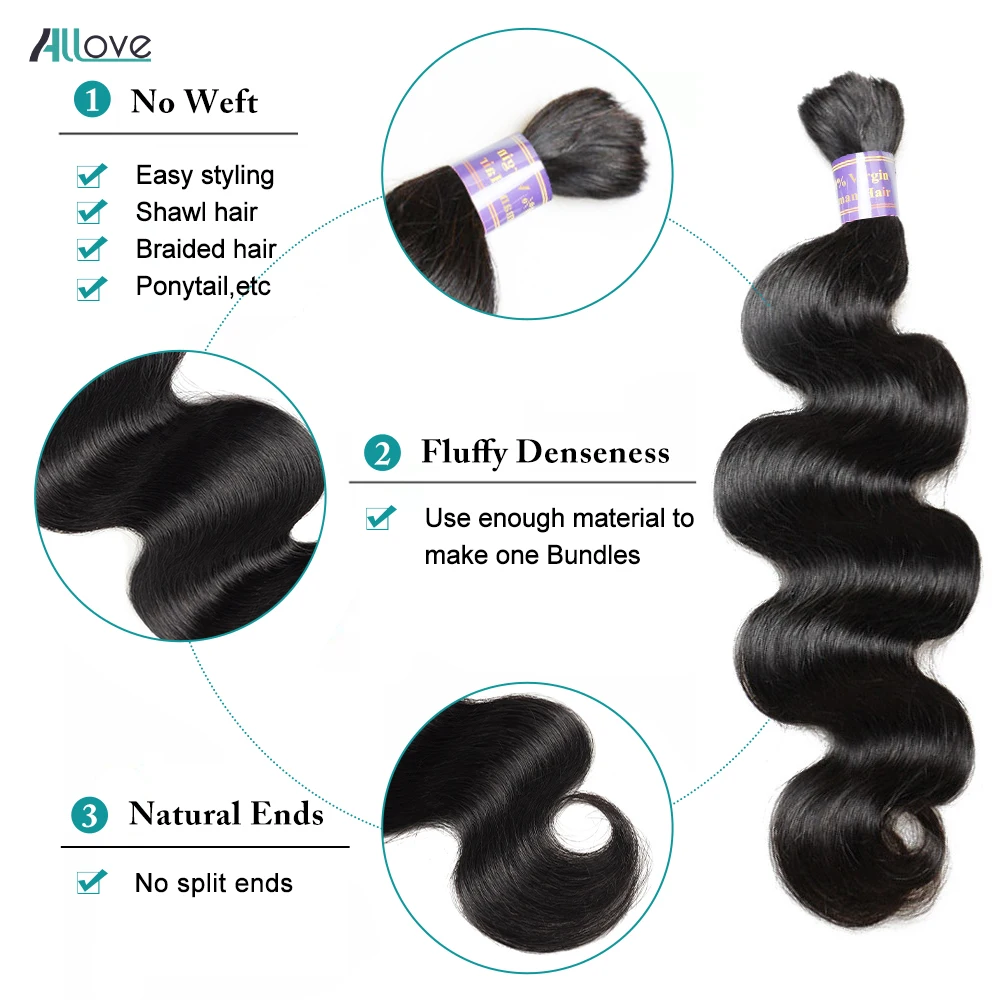 Allove Bulk Human Hair Body Wave Human Hair For Braiding 100% Unprocessed No Weft Human Hair Bulk Extensions Brazilian Remy Hair