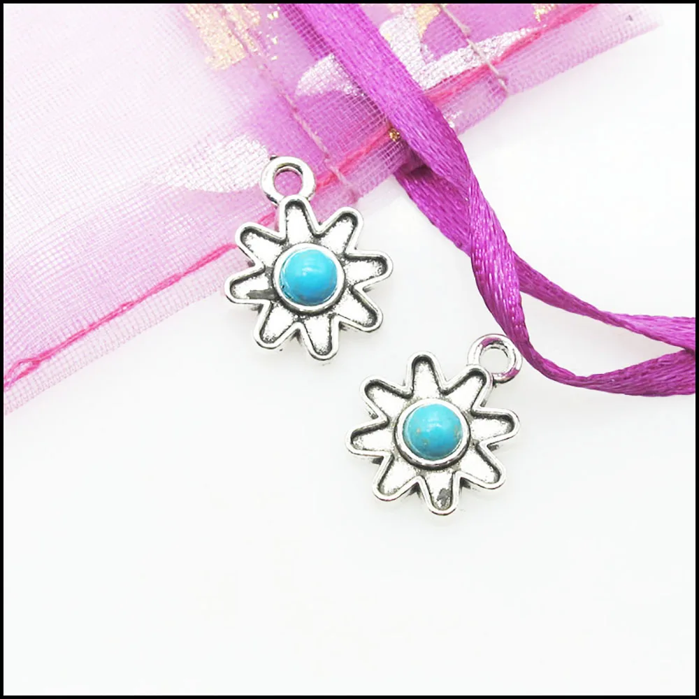 New Retro Plam Leaf Sun Eye Moon Star Flower Charms Antiqued Silver Plated Turquoise Pendants For Gifts Jewelry