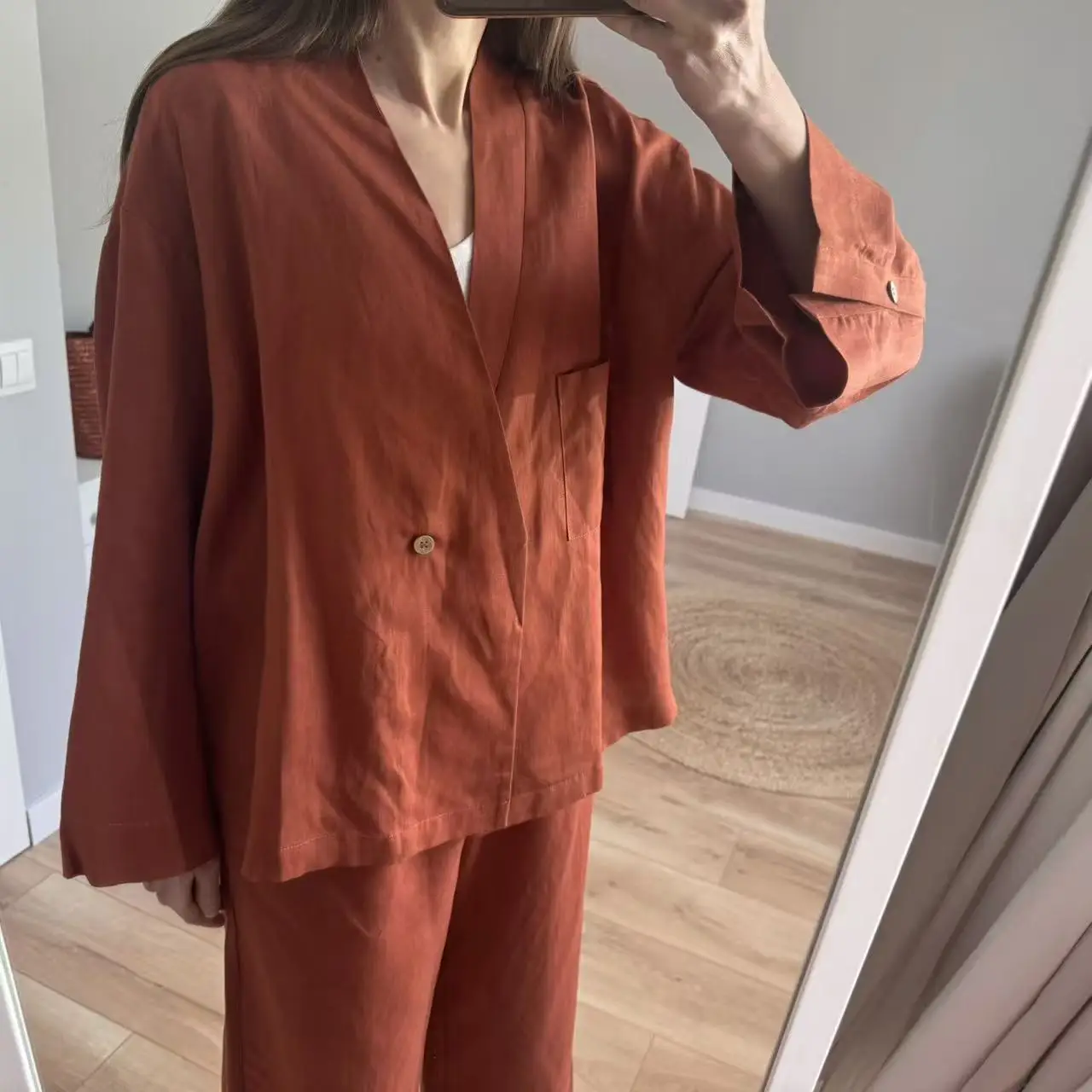 Women's Linen Two-Piece Set: Kimono Wrap Top & Wide-Leg Pants