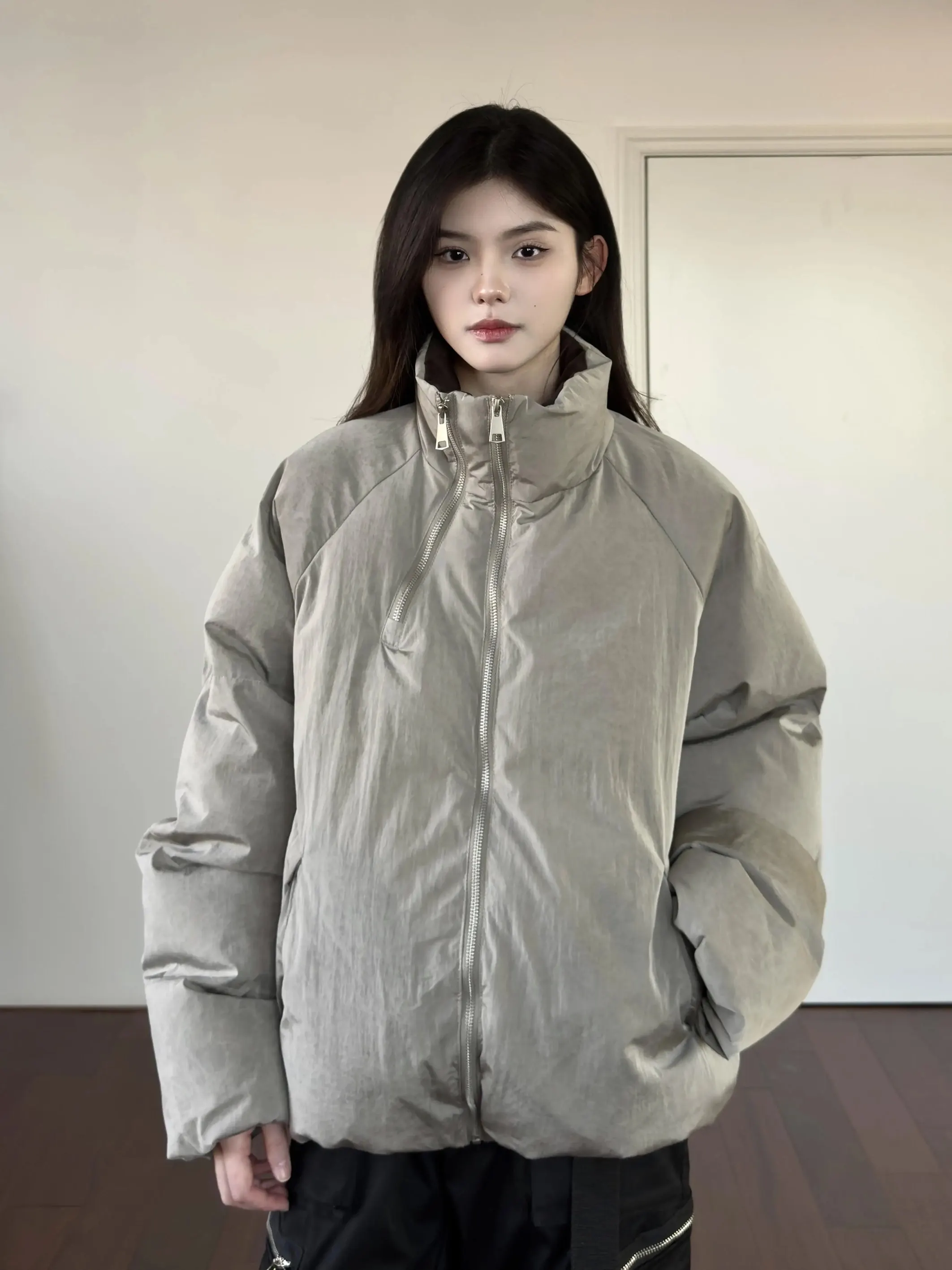 

American Retro Deconstructed Double Zipper Thiened Texture Cotton Jaet ex Winter Versatile Casual Warm Cotton Coat