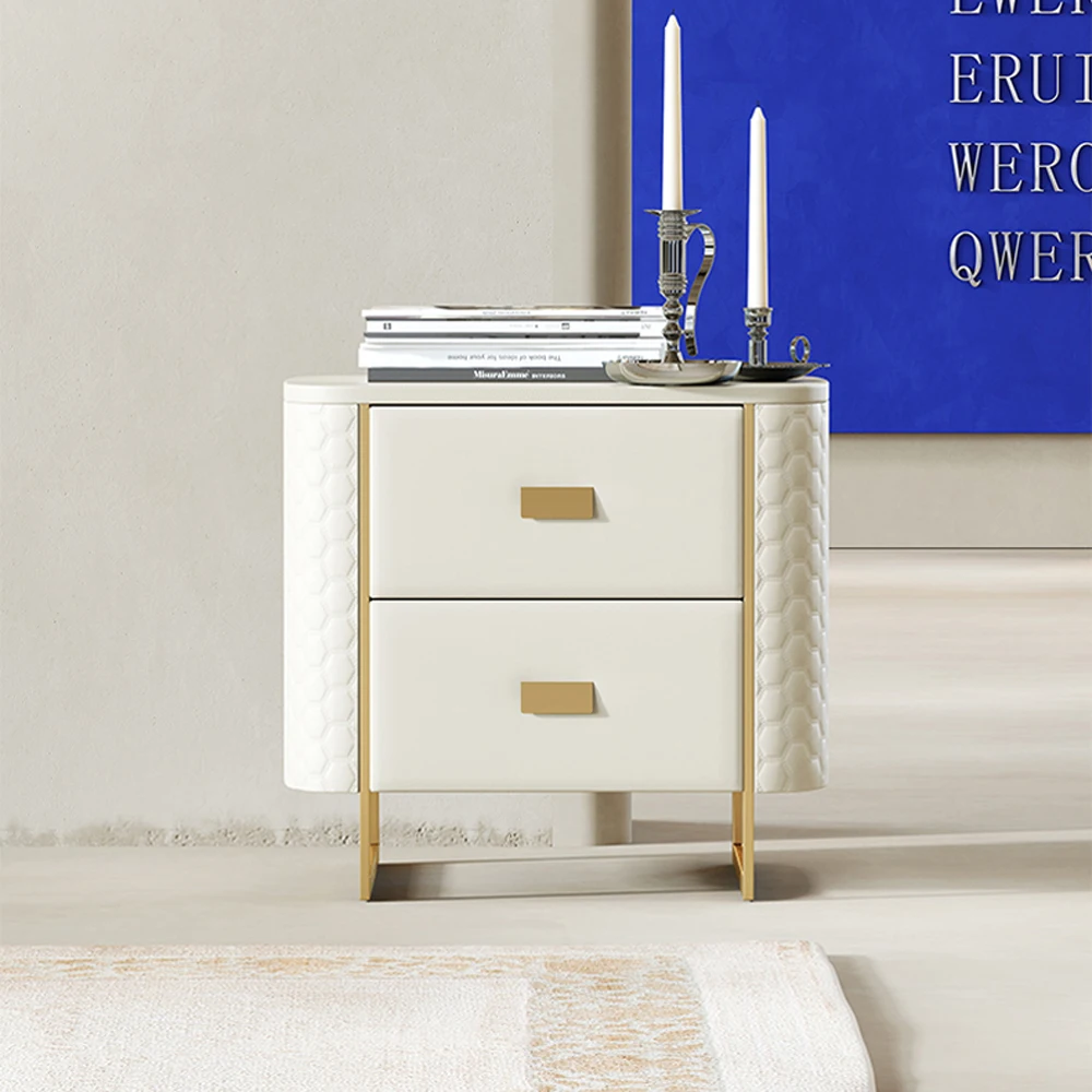 

Modern Luxury Beige White Leather Gold Nightstands 2 Wooden Drawer Bedside Table Cabinet Nightstand Bedroom Hotel Furniture