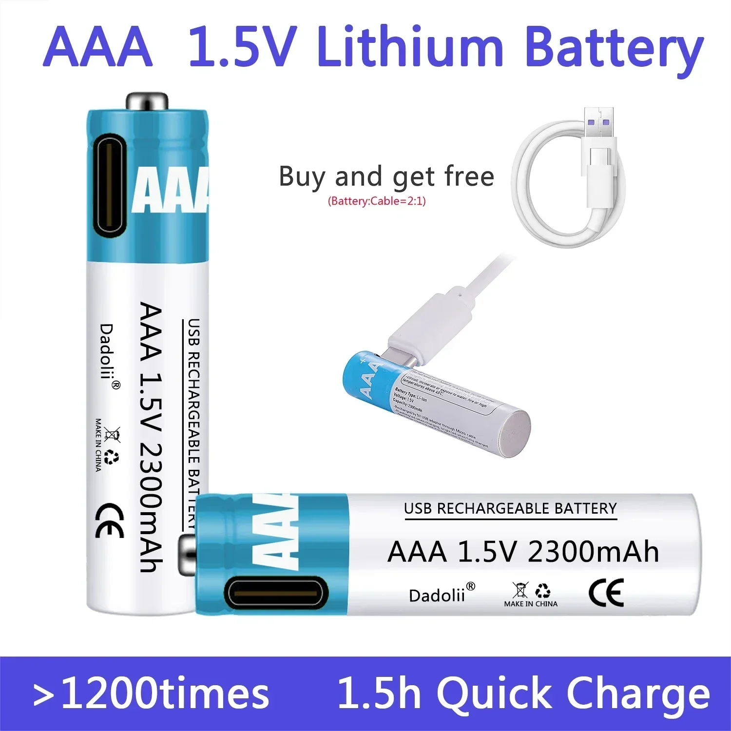 1.5V AAA Rechargeable Battery 2300mAh Rechargeable 2000+ cycles Lithium Polymer Battery Quick Charging by Type-C Cable