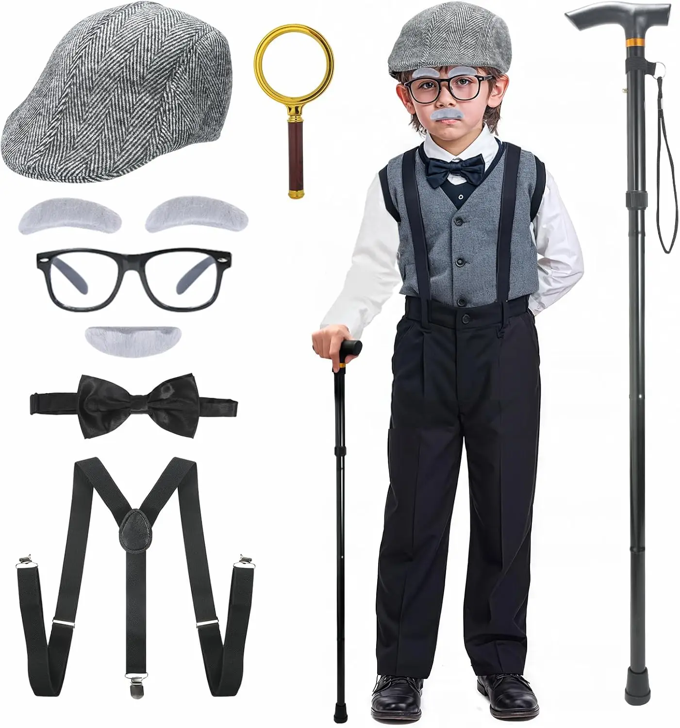 

Old Man Costume for Kids 100Day of School Costume for Boys Vest Beard Glasses Walking Stick Suit Carnival Party Role Play Outfit