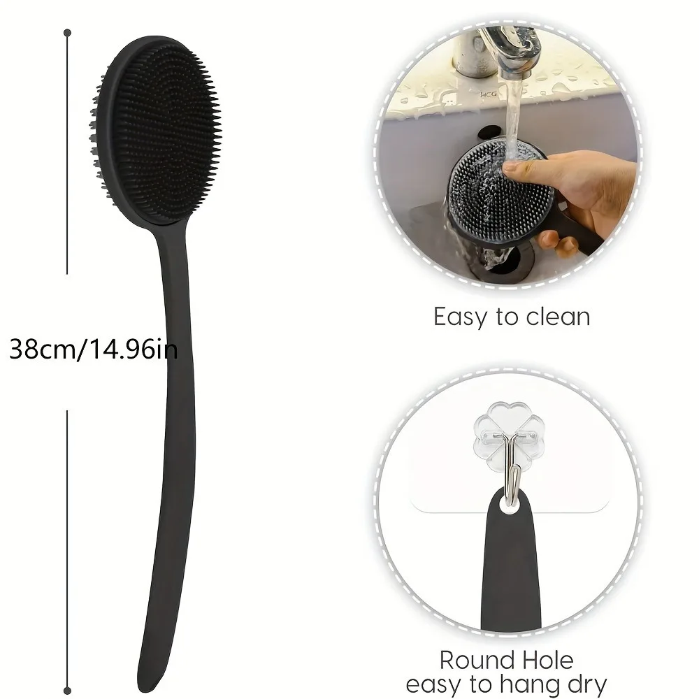 Silicone Back Scrubber Brush for Shower Long Handle Body Deep Cleansing and Exfoliating Massage Double-Sided Soft Bristles