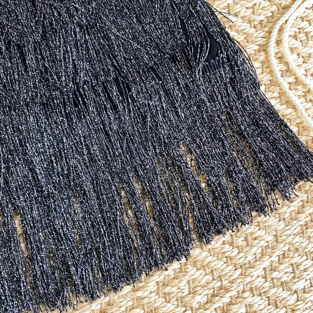 Elegancka, słodka, brokatowa spódniczka mini z frędzlami, elastyczną talią, seksowna, w kształcie litery A, na imprezę, modna, vintage, luksusowa, gotycka, wiosenno-letnia odzież damska.