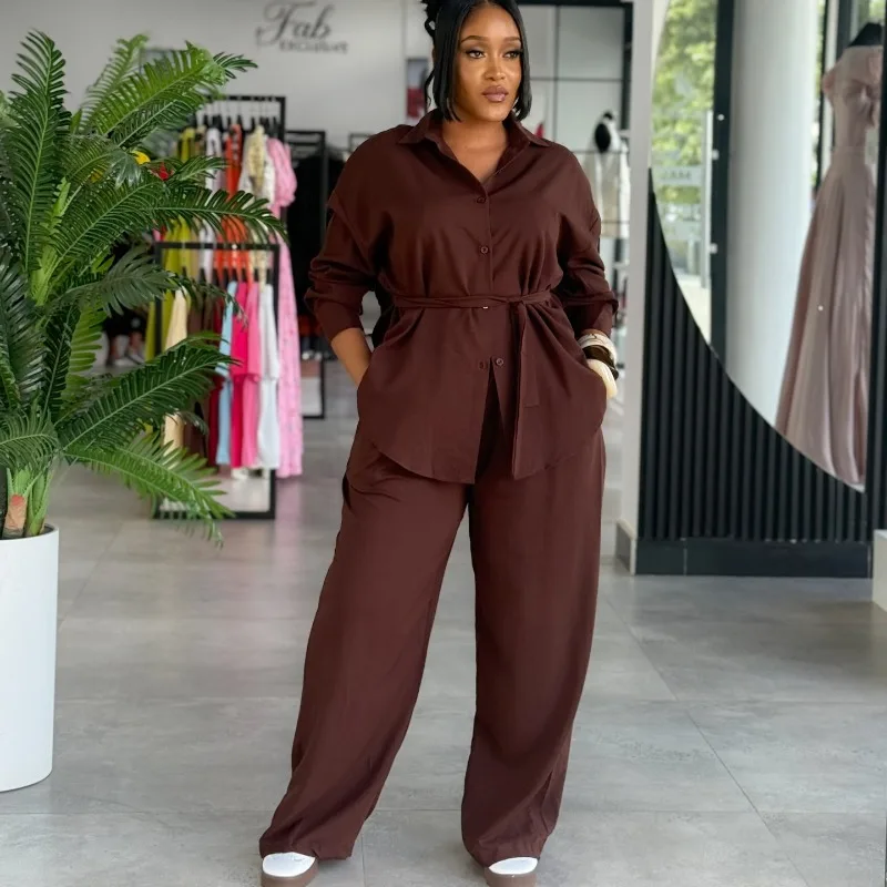 Women Solid Textured 2 Piece Outfit Long Sleeve Tie Waist Shirt Wide Leg Pants African Elegant Daily Office Casual Matching Set