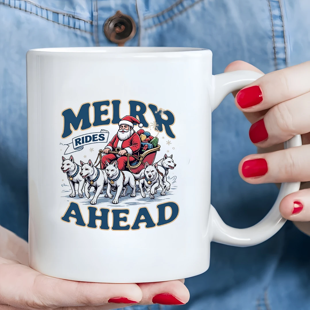 Taza de café con temática de trineo de Papá Noel de 11 oz + taza para niños, regalo perfecto para la oficina familiar para Navidad