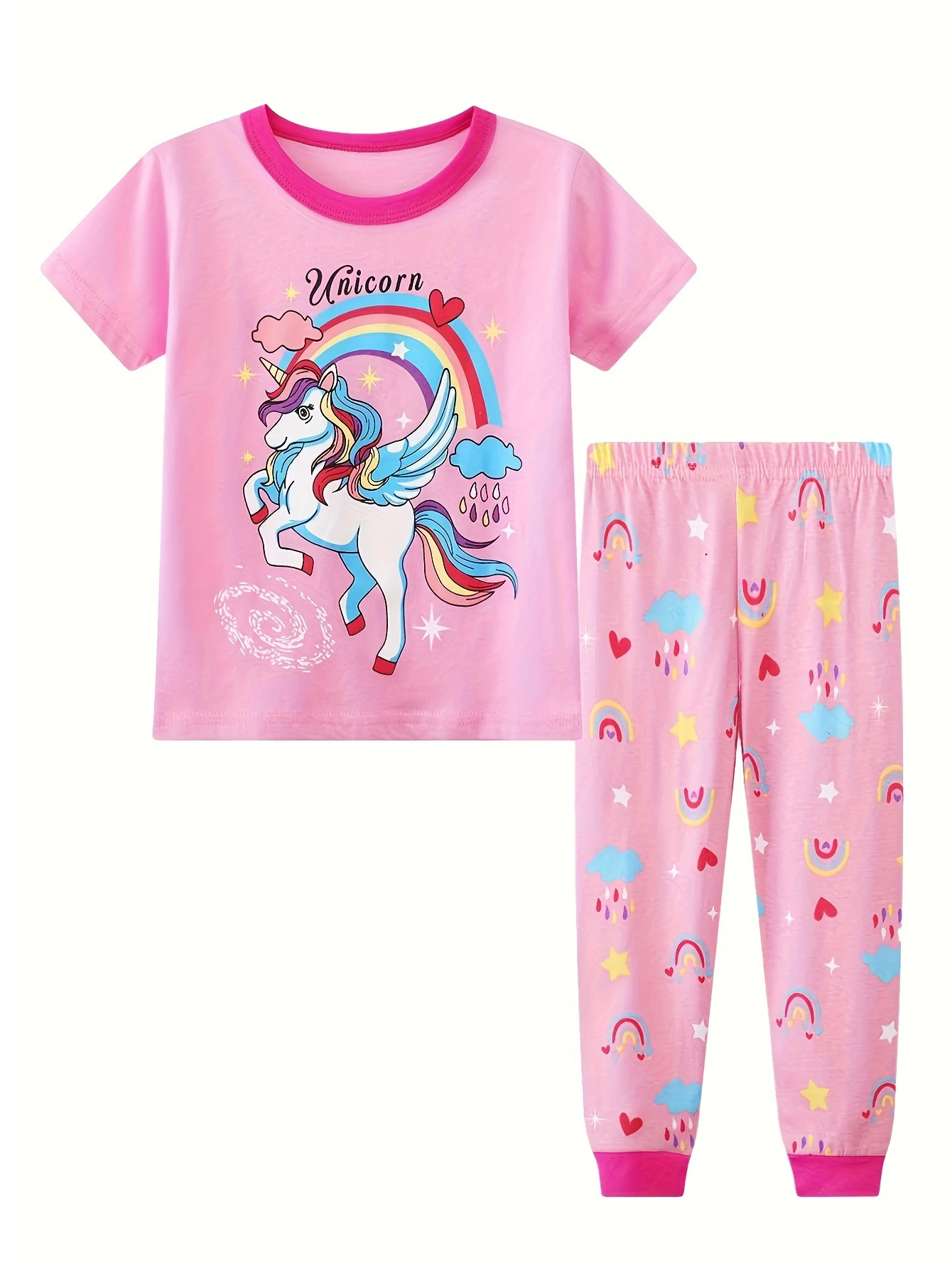 Girls 2-piece Trendy Pajama Sets Cartoon Unicorn Pattern Round Neck Short Sleeve Top & Full Print Matching Pants Casual PJ Sets