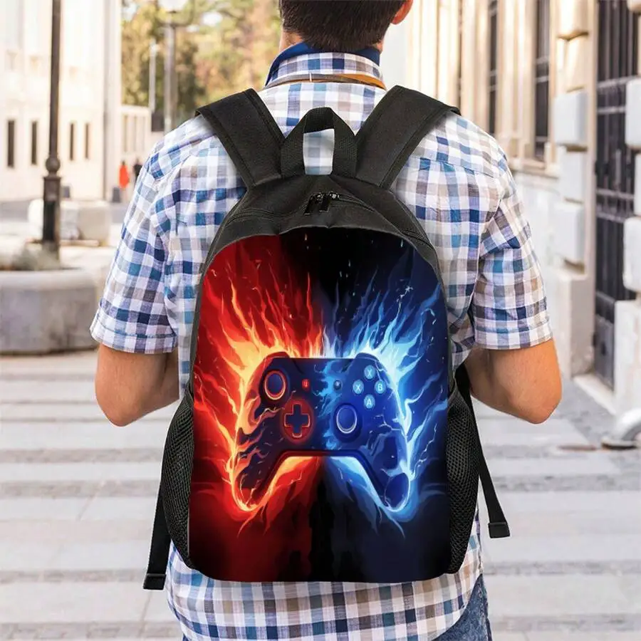Gaming Backpack With Fire And Ice Controller Design Durable Casual Travel Bag Adjustable Straps Zip Closure