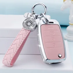 for Kia Key Fob Cover with Keychain, Pink Leather Crystal Key Case Protection Shell Compatible with Kia Sedona Rio Optima Soul S