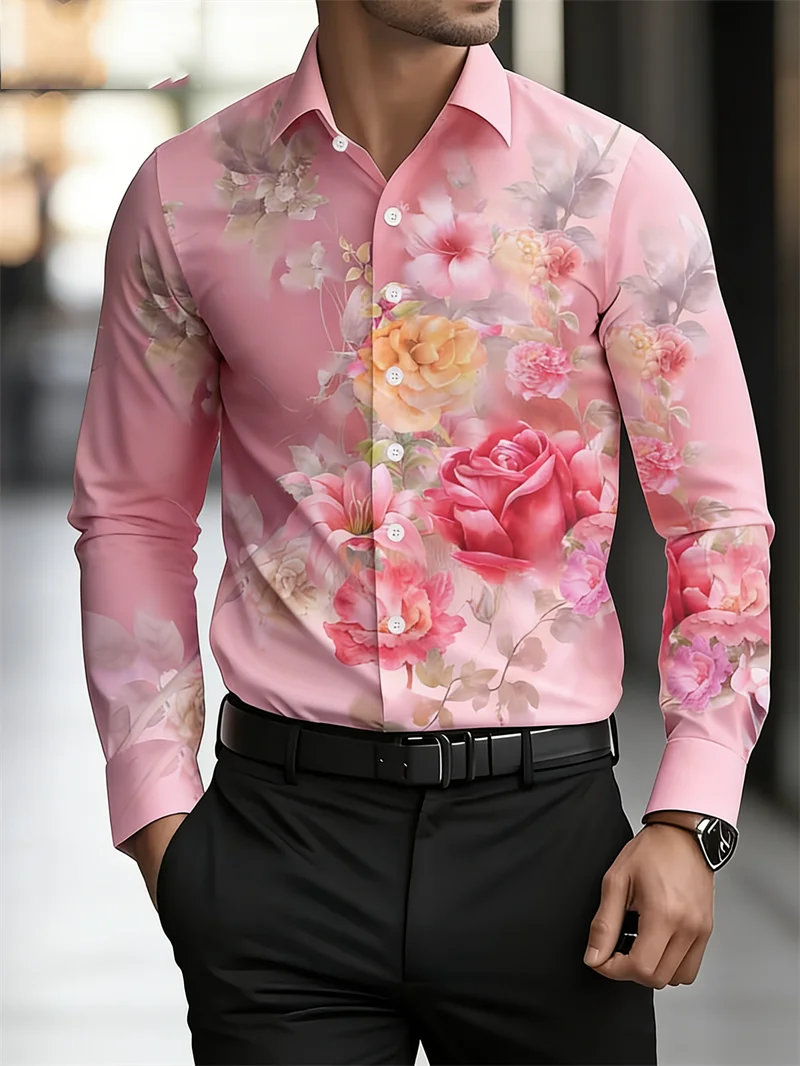 New Oil Colored Wolf Head Art Oil Painting Printed Men's Long Sleeve Shirt American Retro Style Casual Flower Shirt