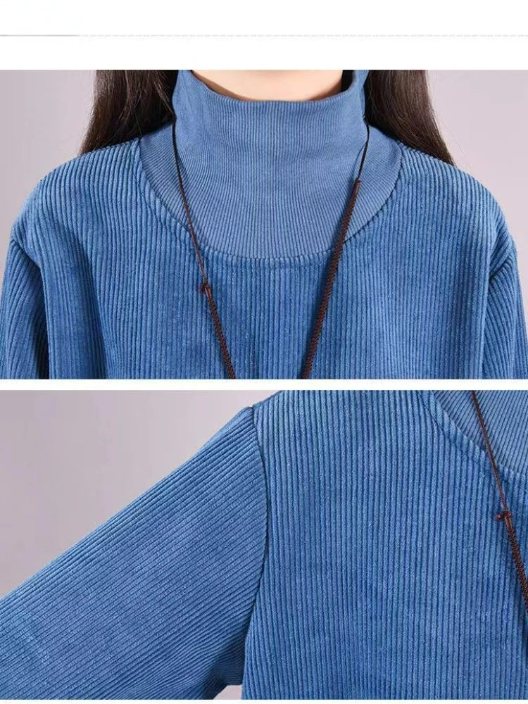 Robe longue en velours côtelé épais pour femme, couleur unie, élégante, ample, Vintage, col roulé, nouvelle collection hiver 2024