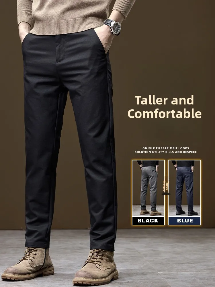 

Autumn Winter Men's Casual Pants Straight Leg Elastic Bla Trousers Busin Casual High Elastici Slim Fit Polyester Fiber