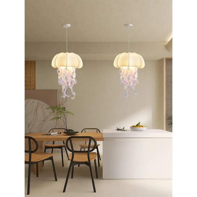 French Cream Style Jellyfish Chandelier Creative Silk Pendant Light for Restaurant Bar Hotel Bedroom Artistic Ceiling Lamp