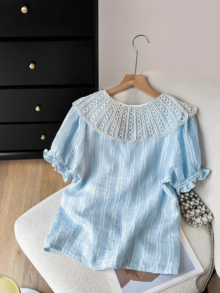 Summer Thin Blue Doll Collar Shirt Women 2024 New High Quality French Style Sweet Puff Sleeve Ruffled Stitching Top Trendy