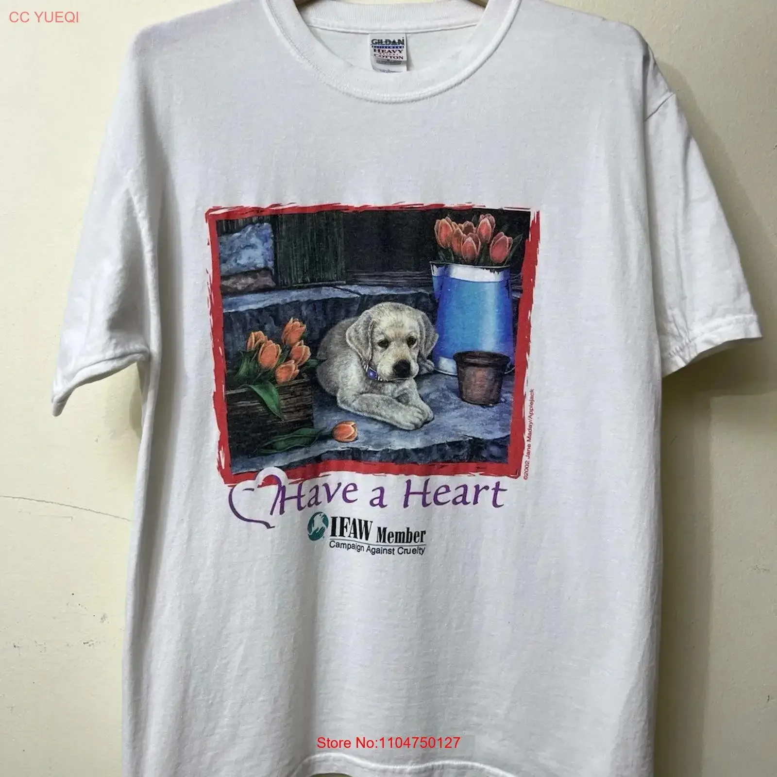T-shirt vintage pour homme, taille L, « Campagne contre la cruauté canine : Le chien a un cœur », 2002, style streetwear vintage délavé, polyvalent