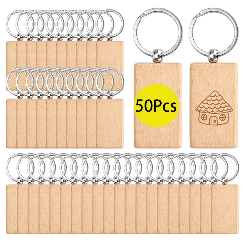 50Pcs Beech Wood Keychains Rectangle Wooden Material Keyring Holder Wholesale Blank Natural Wood Keychains