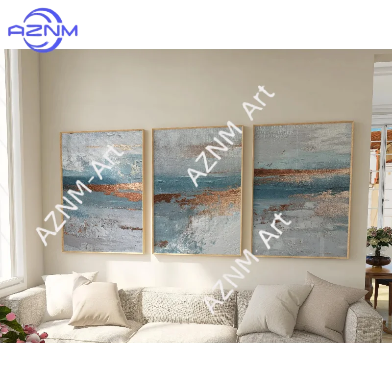 1/3 Stück Ozeanblaue Kupfer Abstrakte Kunst |   Strukturiertes Leinwand-Triptychon