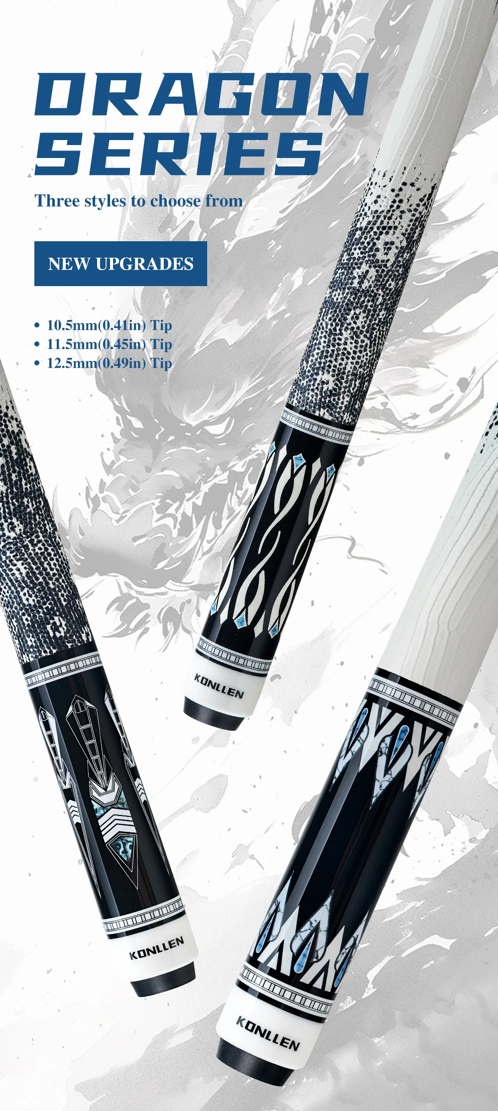 KONLLEN Dragon Pool Queue, Schaft aus hartem Ahorn, 10,5-12,5 mm, mehrschichtige Spitze, 3/8x8 XTC Griff aus Rindsleder, 58 Zoll, 19-20 Unzen – Detail 1