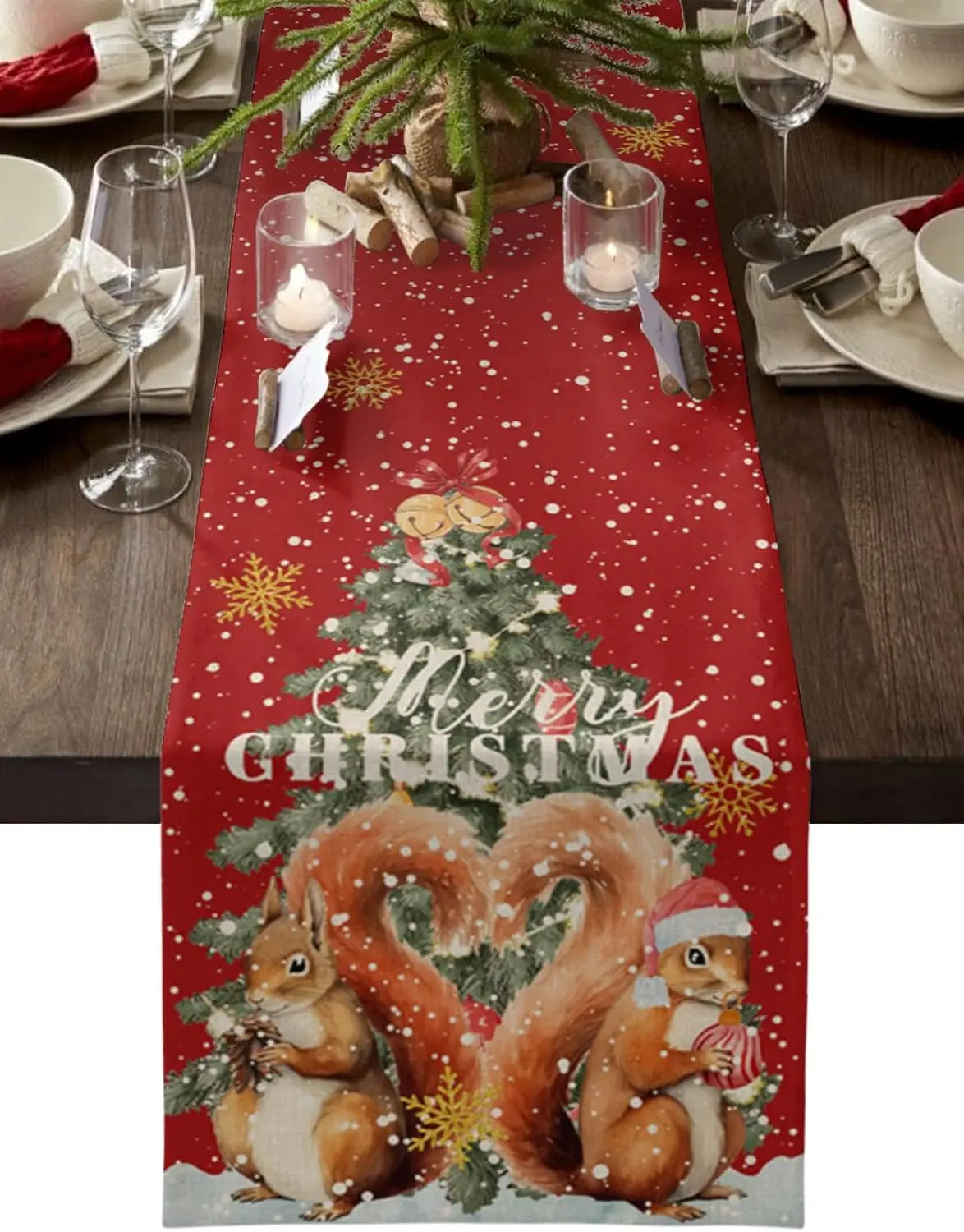 Christmas Watercolor Squirrel Red Dresser Scarve Non-Slip Linen Table Runners Dresser Scarf Decor Washable Dining Table Runners