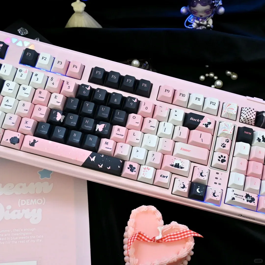 Black Cat and Rose Keycap Set Cherry Profile Thermal Sublimation PBT Material Black Pink Butterfly Cat Claw Pattern Cute Keycaps