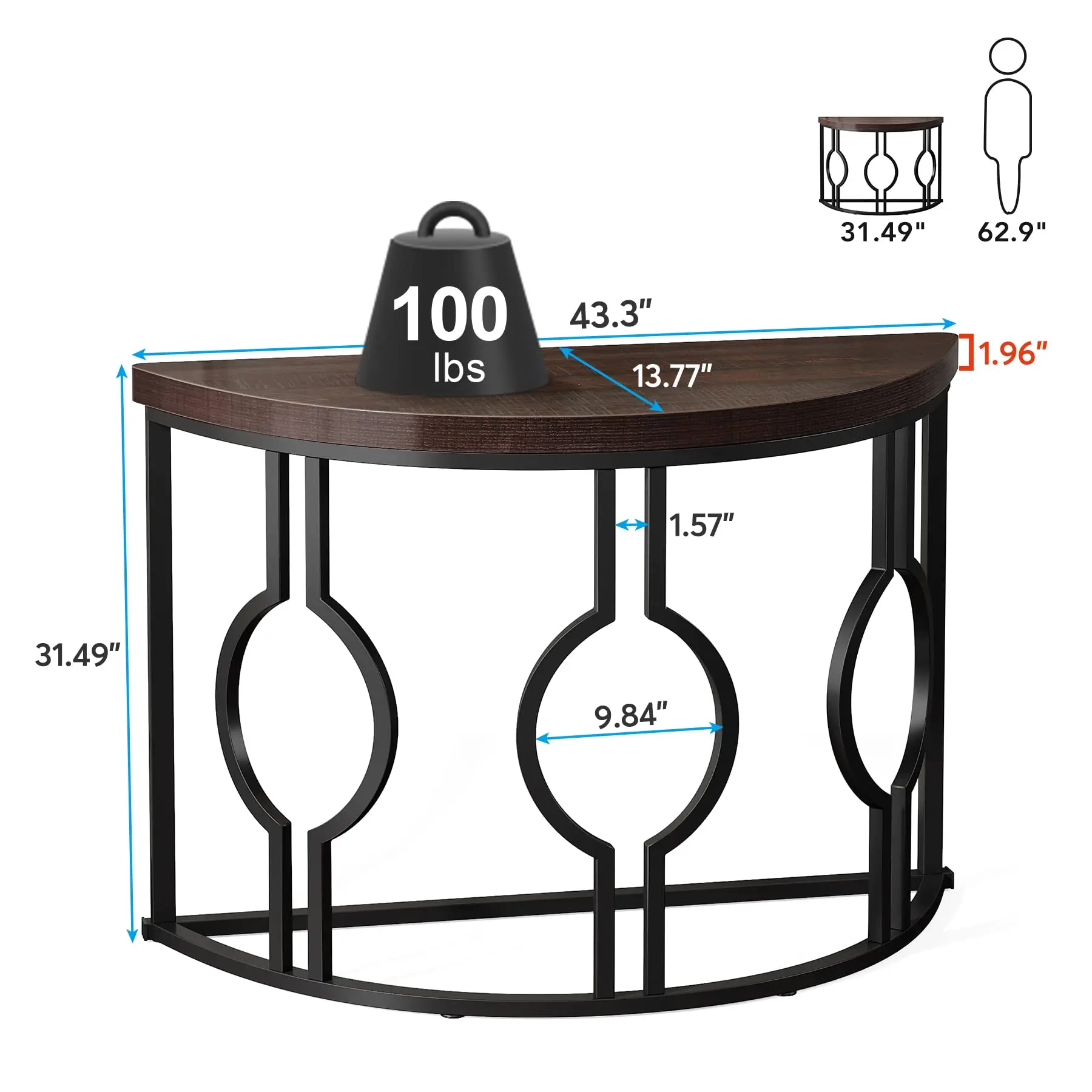 Tribesigns Half Moon Console Table for Entryway, 43 Inch Industrial Semi Circle Sofa Table with Geometric Base, Wood Accent Tabl