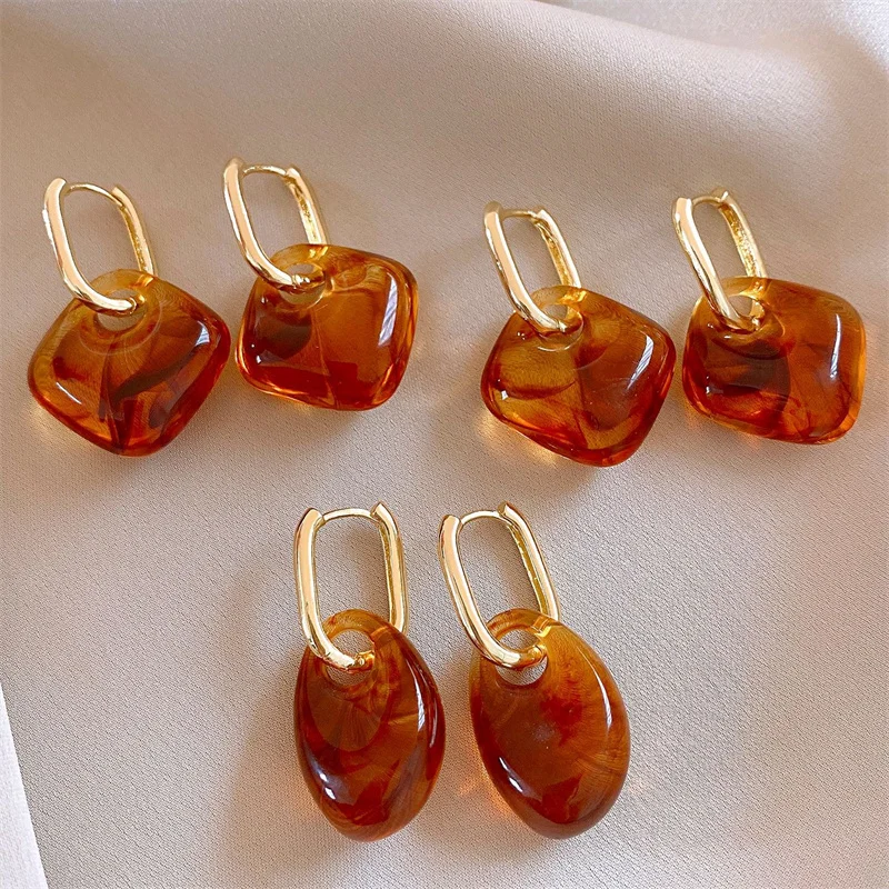 Romantic Maillard Dyeing Square/Round Pendant Ear Buckle Vintage Acrylic Irregular Geometric Hoop Earrings Party Jewelry ﻿