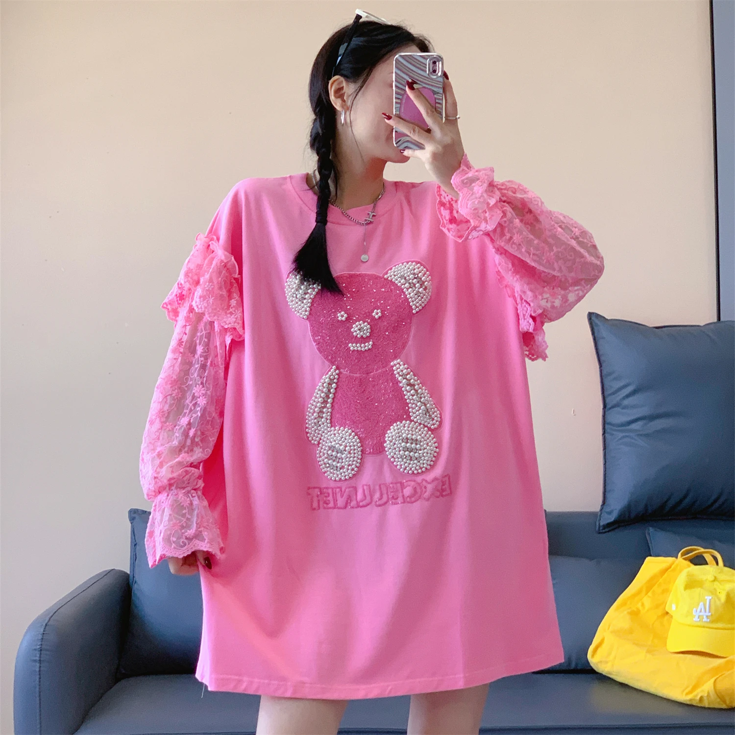 Korean Style Lace Patchwork Flared Long Sleeve Sequin Top Autumn Mid-Length Cartoon Sweatshirt for Women Anime Hoodie Sweatshirt