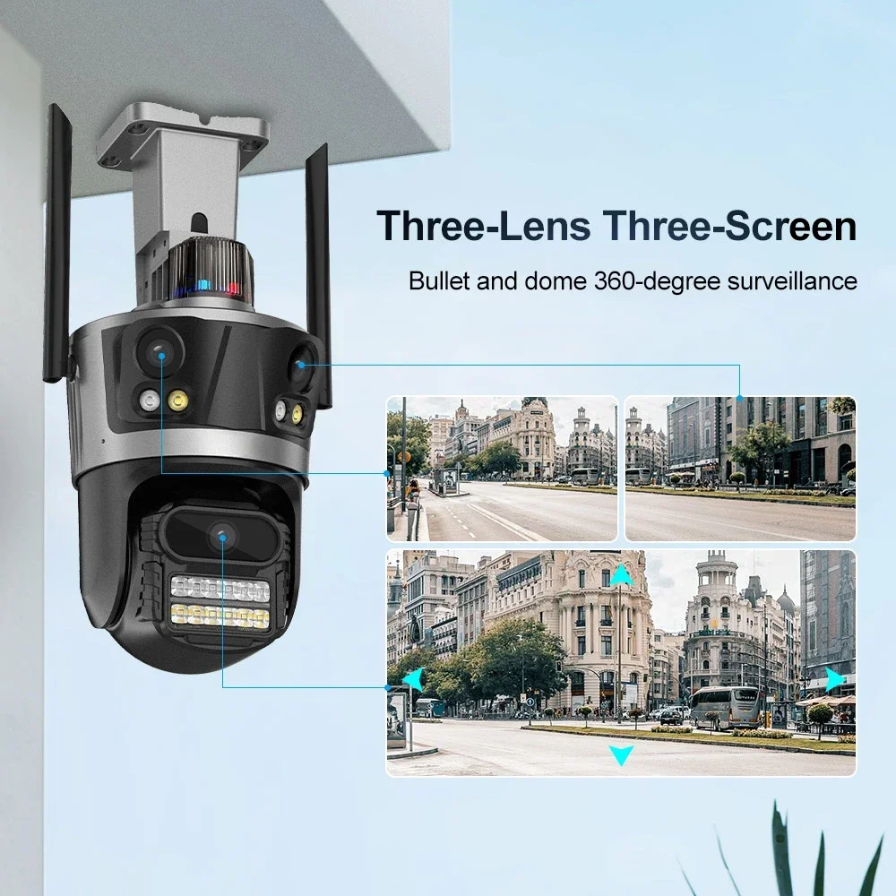 6K HD Three Lens Three Screens PTZ  IP Camera Outdoor Ai Tracking CCTV Security Cam WIFI Surveillance Camera