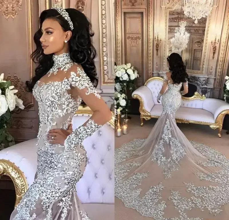 

Русалка Vestido De Novia по индивидуальному заказу, прозрачные свадебные платья с длинными рукавами и кружевными бусинами, съемный тюль, свадебные платья в Ливане