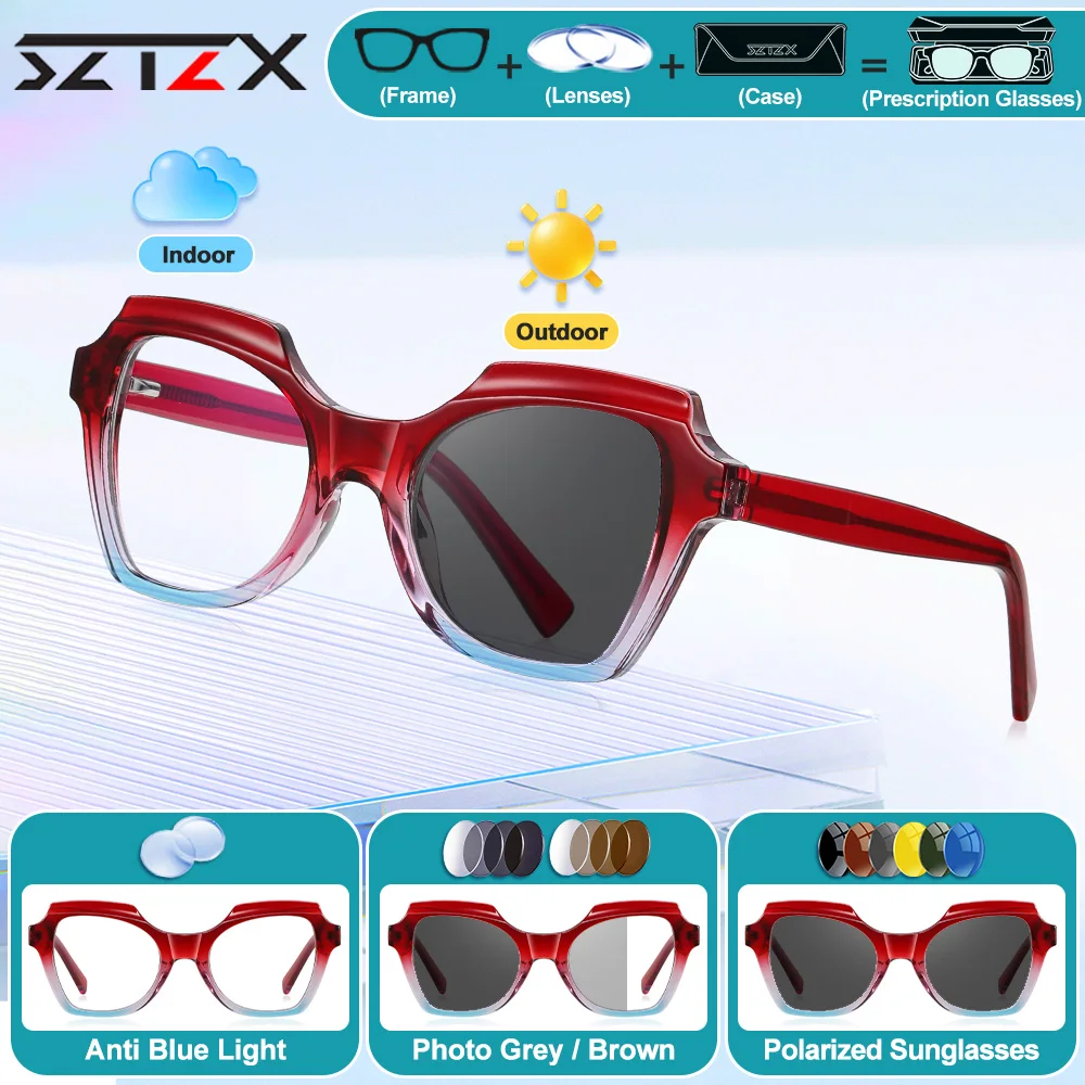

SZTZX New Fashion Polygonal Frame Myopia Reading Glasses Women Small Frame Anti Blue Light Photochromic Prescription Eyeglasses