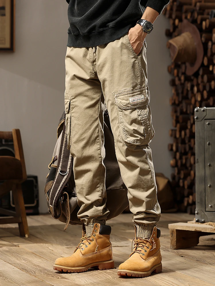 2023 New Autumn Cargo Pants Men Multi-Pockets Washed Cotton Work Wear Cargo Jogger Military Overalls Elastic Waist Male Trousers