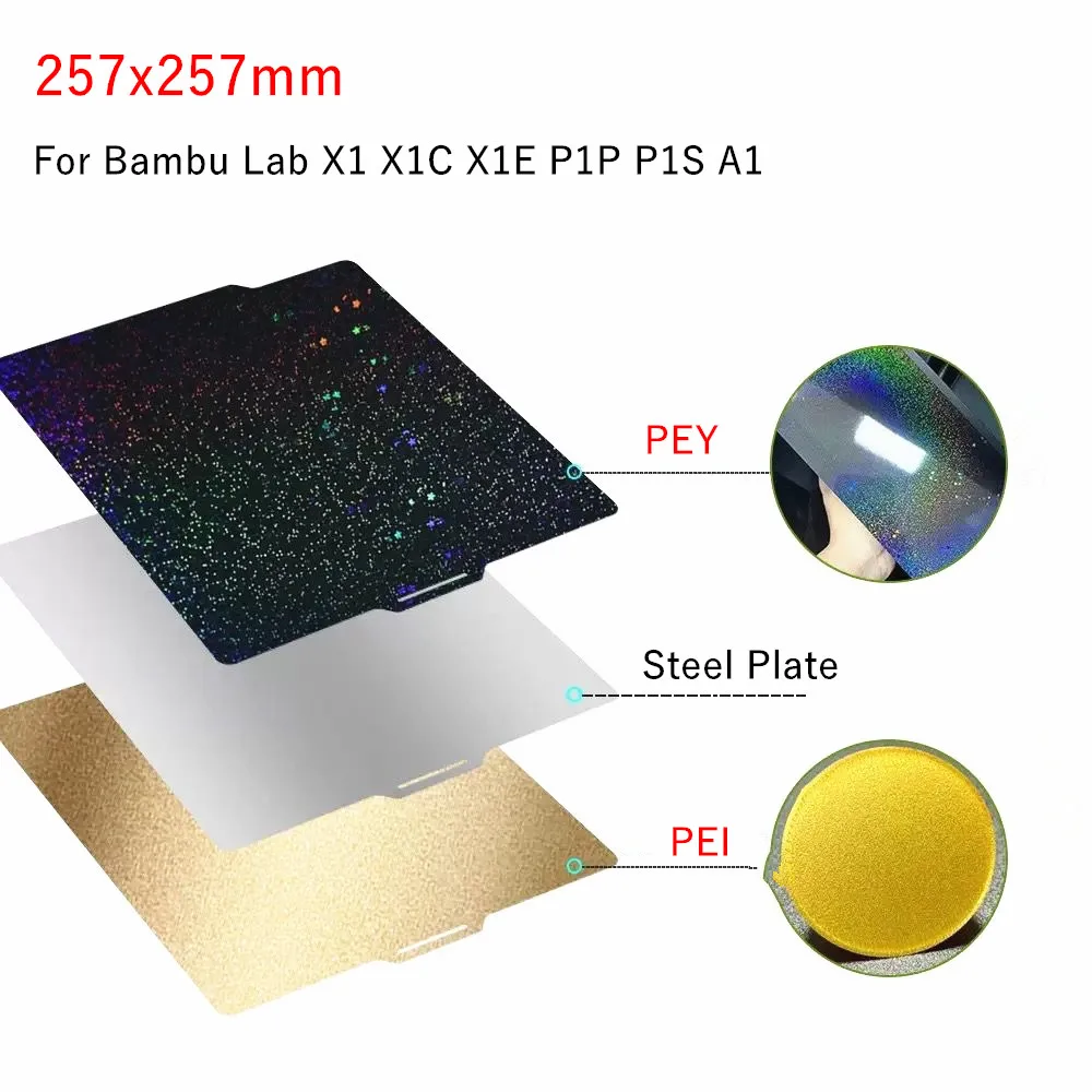 Doppelseitige glatte PEY PEO-Bauplatte für Bambu Lab X1 X1C X1E P1P P1S A1, flexibles PEI-Federstahlblech, Magnetdruckbett – Detail 5