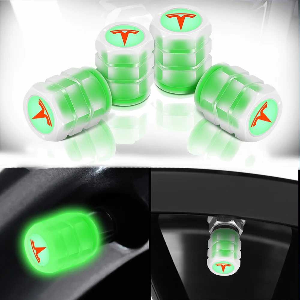 4Pcs Fluorescent Green Car Tire Valve Caps Dust-proof Covers For Tesla Model 3 S X Y Mod Roadster Coil Decoration Accessories