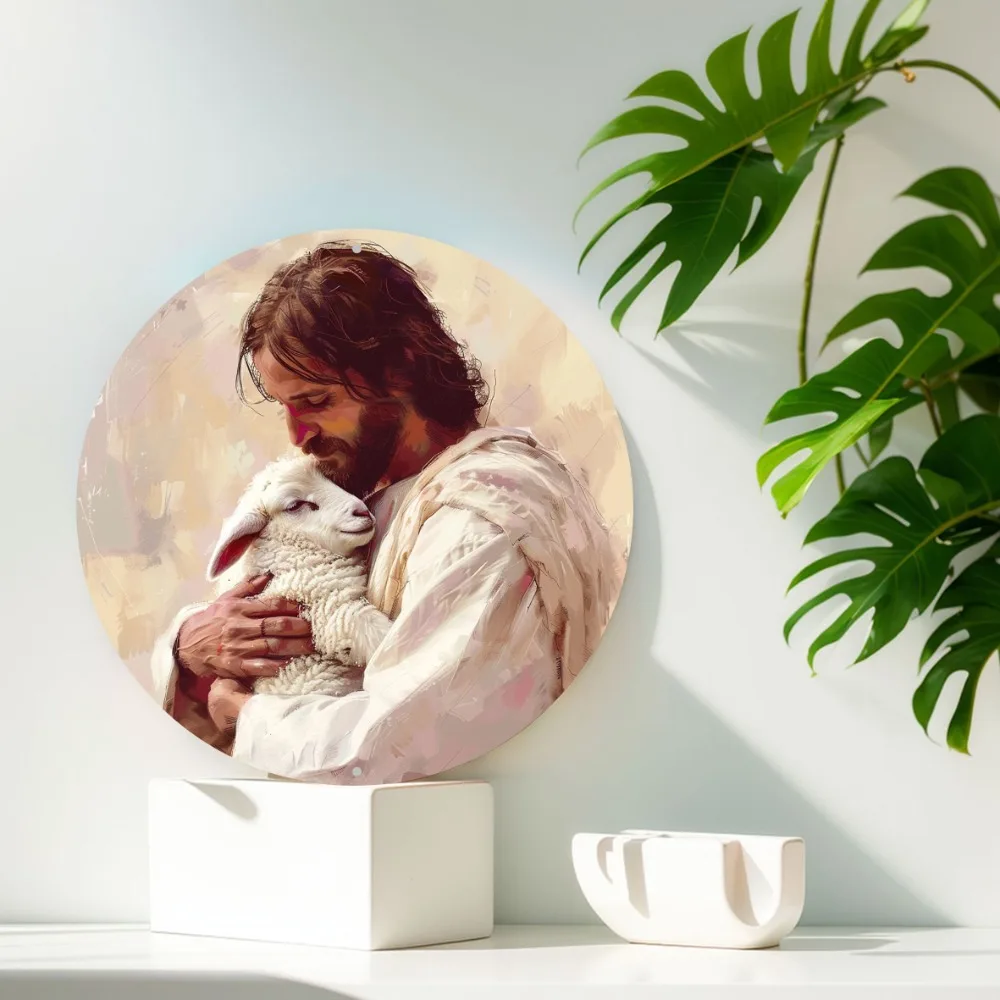 Jesus Shepherd Round Aluminum Sign, No Electricity Required, Featherless, Farmhouse Wall Art for Office, Home, Garage, Decor