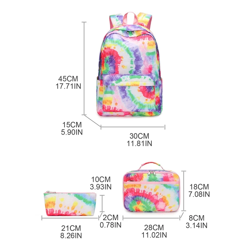 Plecak szkolny z torba śniadaniowa piórnik dla nastoletnie dziewczyny kilka kieszeni tornister śliczny plecak studencki Tie Dye Book Drop Shipping