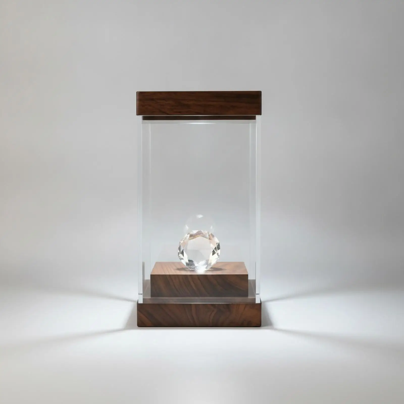 LED Lighted Acrylic Display Case with Walnut Wood Accents for Collectible Figures and Model Car Displays