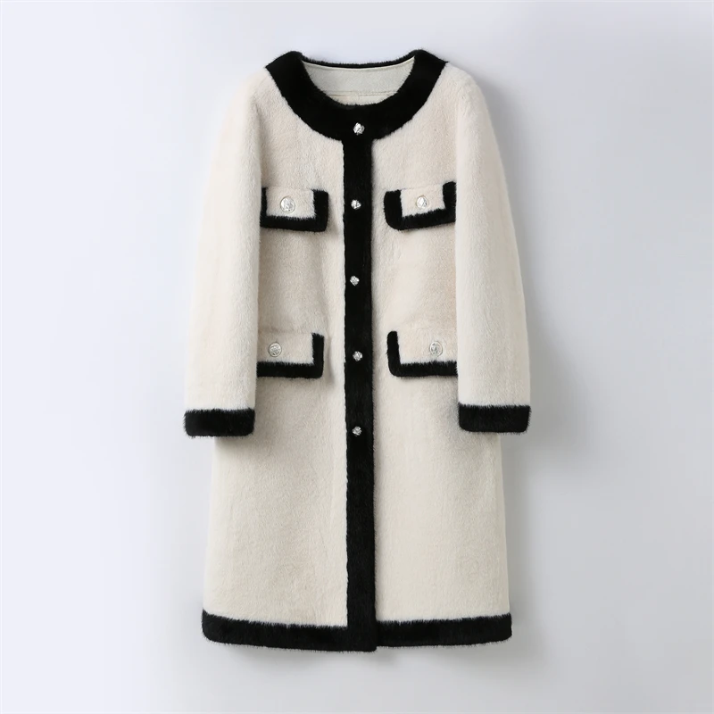 Pudi 2024 New Women Style Fashion Winter Long Fake Fur Jacket Female Elegant Color Clash Pocket Design Ciepły płaszcz CT4117