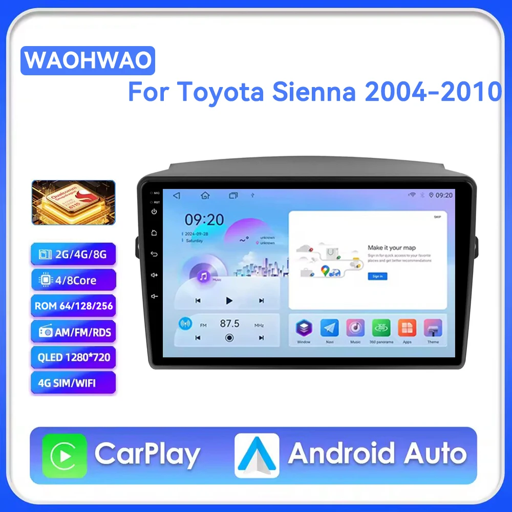 Android 16 Carplay Auto For Toyota Sienna 2 II XL20 2004 - 2010 Car Radio Multimedia Video Player Navigation Stereo GPS DSP