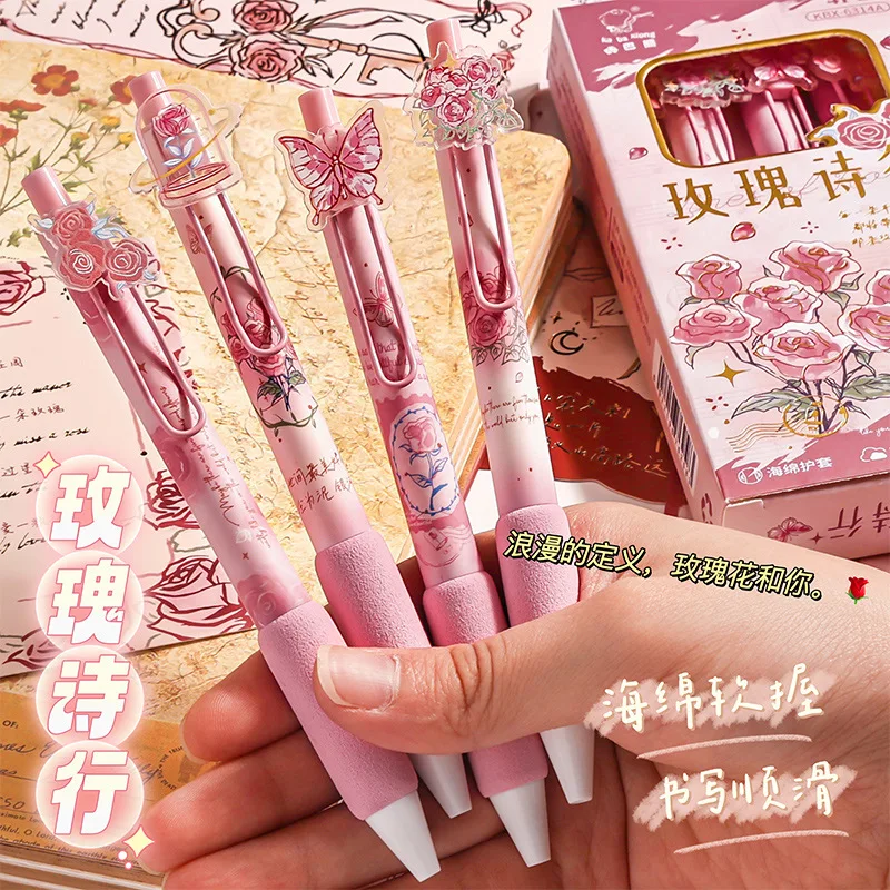 4Pcs Vintage Rose Decor Clip Retractable Gel Pen Set Black Ink Soft Sponge Grip Press Pens Aesthetic Student Journaling School
