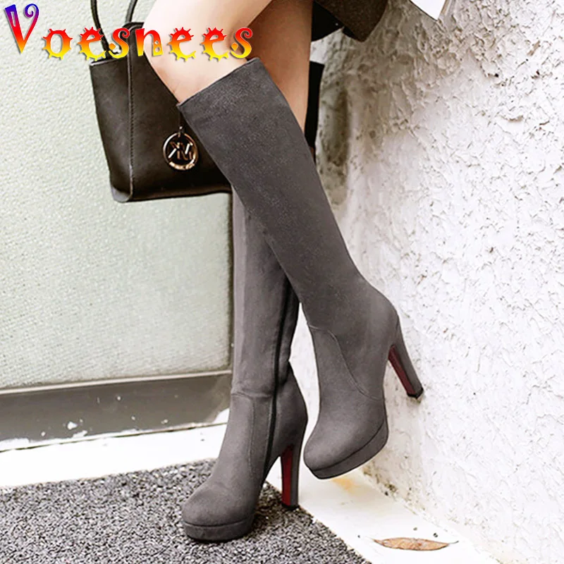 High Quality Suede Knee-High Long Boots Classic Short Plush Warm High Heels Side Zipper Autumn And Winter Fashion Women Shoes