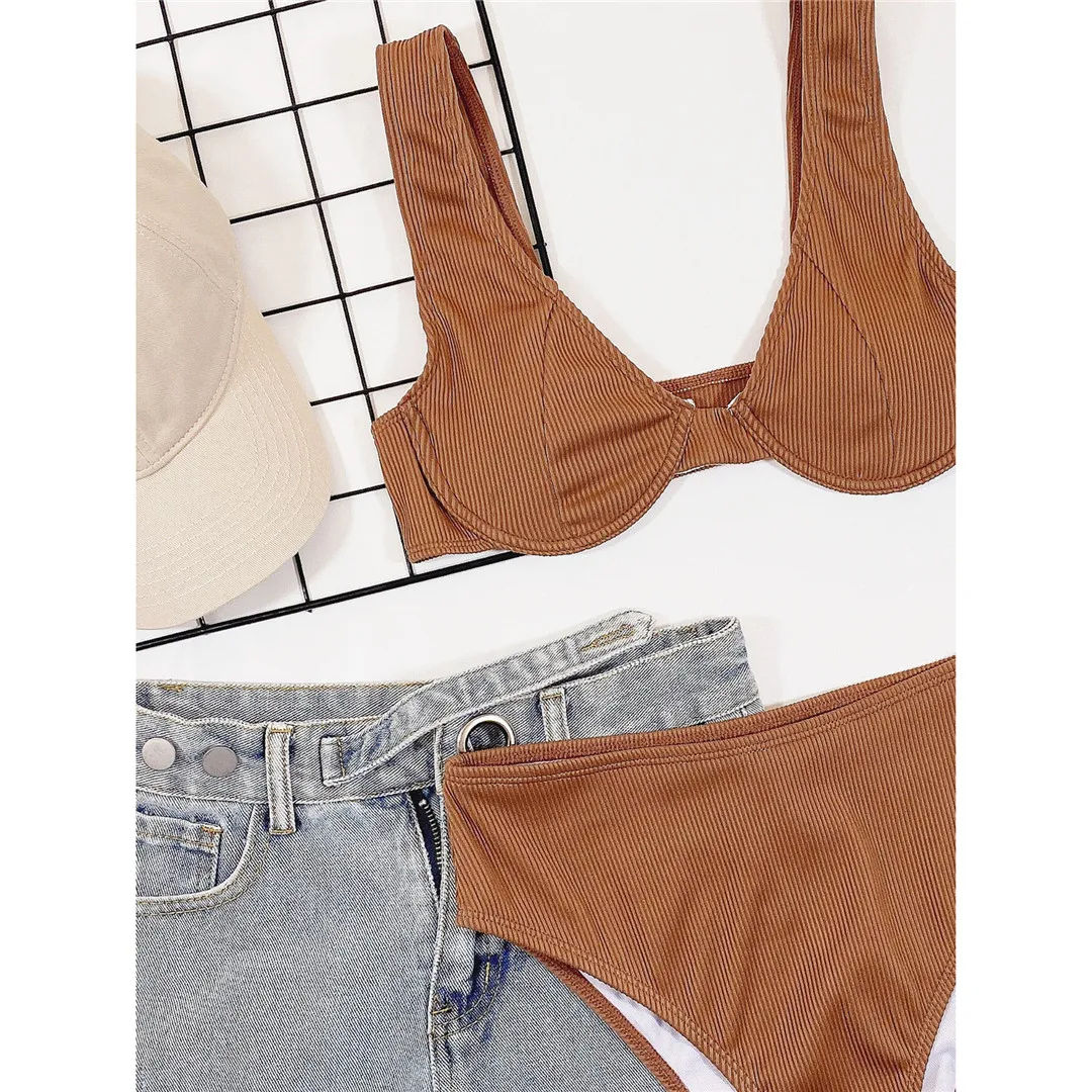 Neuer, sexy, gerippter, einfarbiger Damen-Badeanzug, Bikini mit hoher Taille, zweiteiliges Bikini-Set, Badebekleidung, Damen-Badeanzug, V3095 – Detail 10