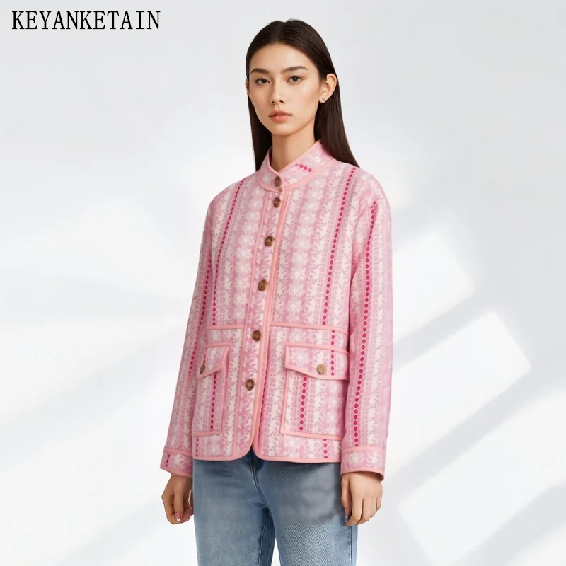 KEYANKETIAN 2025 New Women's Flower Print Quilted Jacket Pastoral style Stand collar Single Breasted Pockets Cropped Outerwear