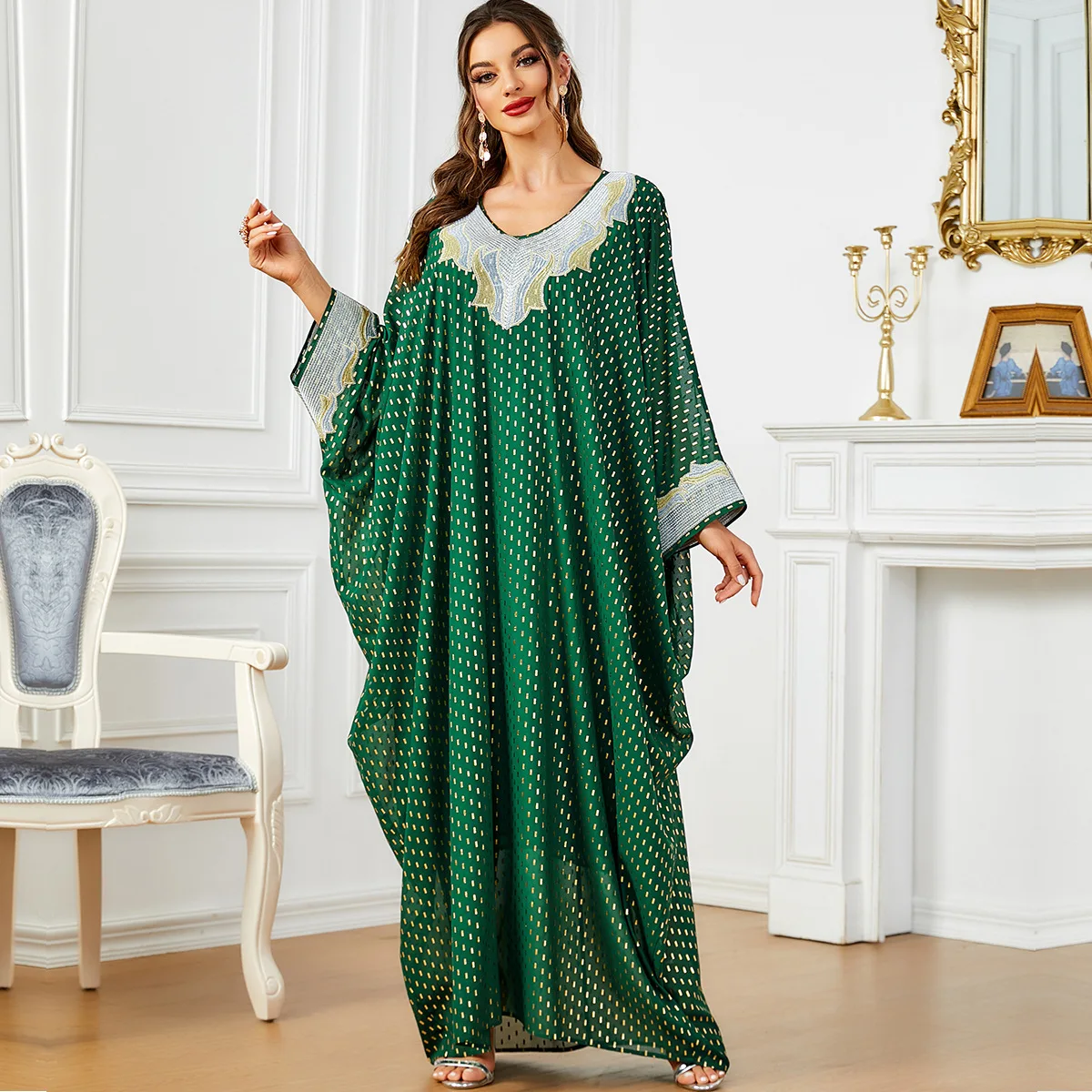 

Abaya For Women Ramadan Bat Sleeves Arabic Green Polka Dot Gilded Women's Super Loose Mushim Dress Fashion V-neck Women Clothing