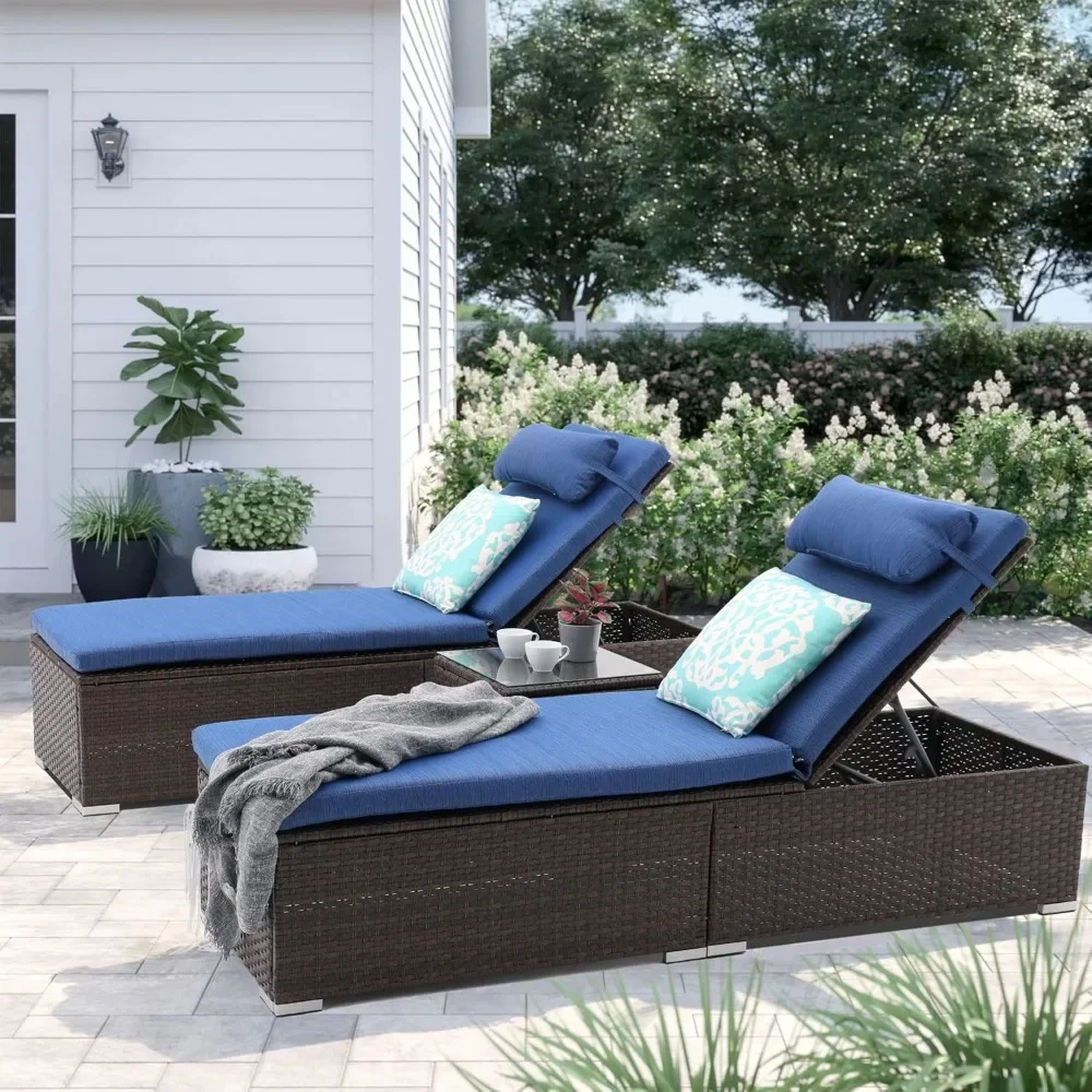 3 Pcs Patio Chaise Lounge with Coffee Table Cushion&Pillow Outdoor Lounge Chair Chaise Lounger Patio Reclining Chair 5 Angle